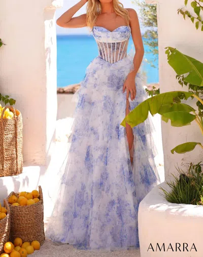Amarra Sheer Corset Bodice Prom Dress In Blue