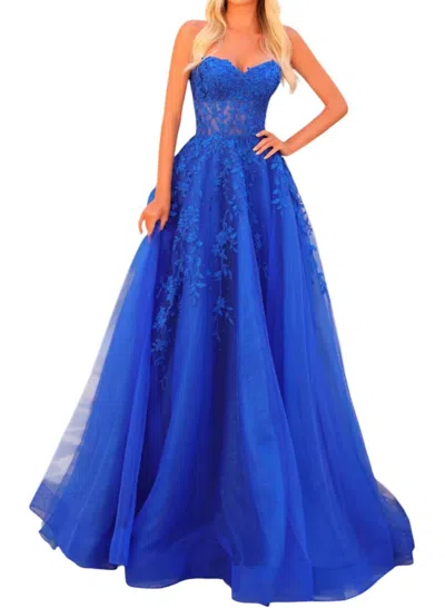 Amarra Strapless Corset Tulle Appliqué A-line Tie-back Gown In Royal Blue