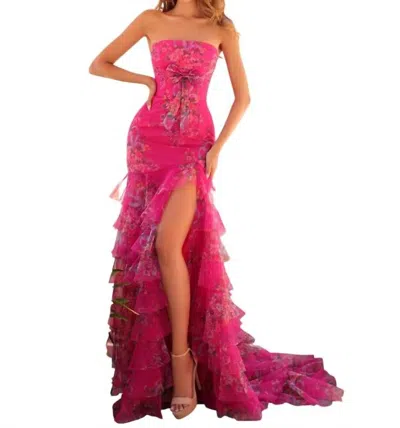 Amarra Strapless Floral Gown With Ruffle Skirt Style In Fushia Multi In Animal Print