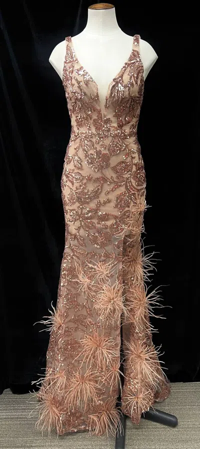 Amarra V-neck Sequin Prom Gown In Rose Gold In Multi