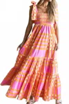 Amaryllis Boho Gingham Tied Straps Smocked Maxi Dress In Pink In Pink