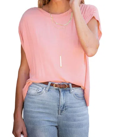 Amaryllis Super Soft Casual Ruched Shoulder Tee In Light Peach In Pink