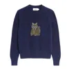 Amati Collection Women's Blue Longhair Cat Embroidered Cotton Knit Sweater - Navy In Blue