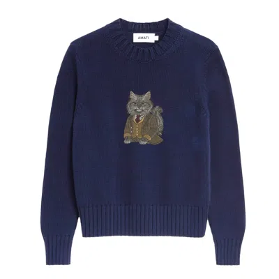 Amati Collection Women's Blue Longhair Cat Embroidered Cotton Knit Sweater - Navy