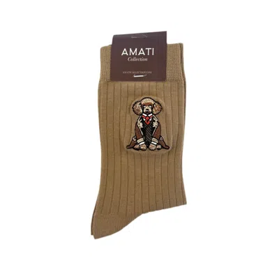 Amati Collection Women's Brown / Neutrals Poodle Embroidered Socks Unisex Cotton - Beige
