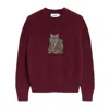 Amati Collection Women's Longhair Cat Embroidered Cotton Knit Sweater - Burgundy In Red