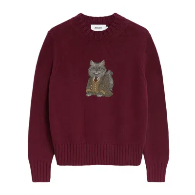 Amati Collection Women's Longhair Cat Embroidered Cotton Knit Sweater - Burgundy In Red