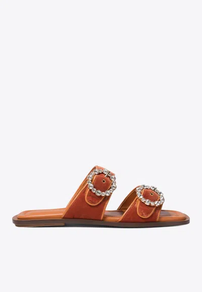 Amato Daniele Crystal Embellished Velvet Slides In Orange