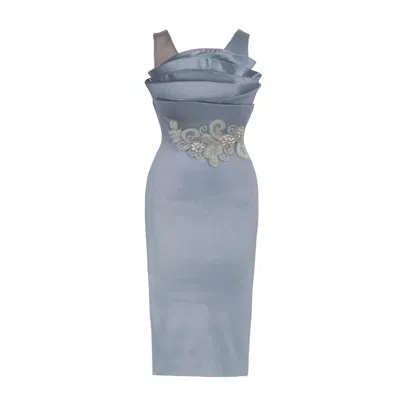 Amayce Women's White Celeste Blue Ruffle Embellished Midi Dress