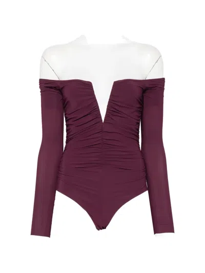 Amazuìn Alika Off-the-shoulder Ruched Bodysuit In Purple