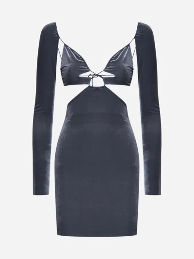 Amazuìn Amazuin Silver Gray Stretch Velvet Long-sleeved Minidress In Silver Grey