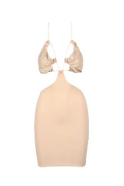 Amazuìn Fitted Mini Dress With Unique Cut-out Design In Neutral