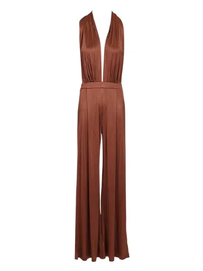 Amazuìn Fluid Satin Jersey Jumpsuit With Bow Tie Closure In Brown