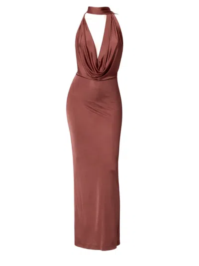 Amazuìn Fluid Satin Jersey Maxi Dress With Halter Neckline And Draped Detail In Brown