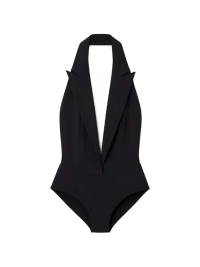 Amazuìn Halterneck Peak-lapel Bodysuit In Black