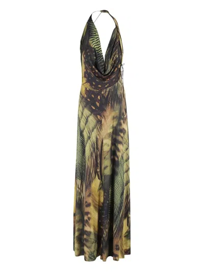 Amazuìn Amazuin Jungle Print Long Dress With Plunging Neckline In Brown