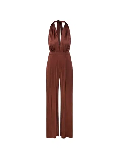 Amazuìn Fluid Satin Jersey Jumpsuit With Bow Tie Closure In Brown