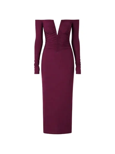 Amazuìn Off-the-shoulder Gathered Midi Dress In Brown