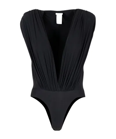 Amazuìn Pleated V-neck Bodysuit In Black