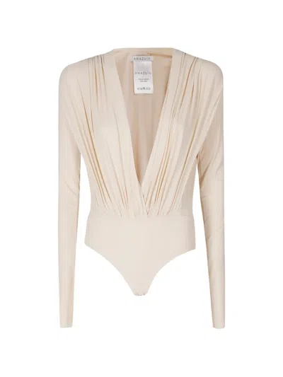 Amazuìn Plunging Ruched Bodysuit In Neutrals