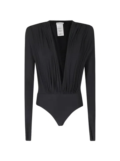 Amazuìn Rasha Ruched Long-sleeved Bodysuit In 블랙