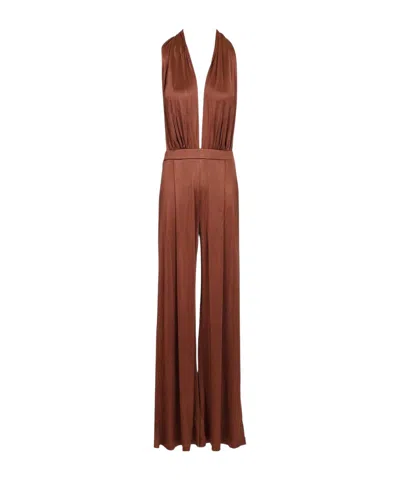 Amazuìn Lennox Halterneck Plunging Jumpsuit In Brown