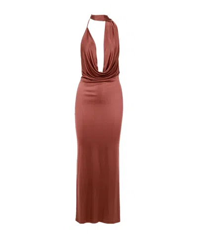 Amazuìn Halterneck Draped Dress In Brown