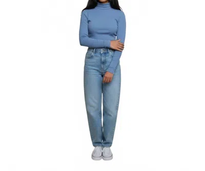 Ambar Mock Neck Long Sleeve Cotton Rib Top In Blue
