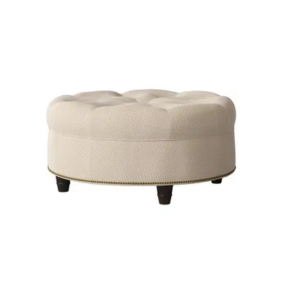 Ambella Duchess 38" Tufted Round Cocktail Ottoman In American Walnut,filigree Ivory,antique Brass Small