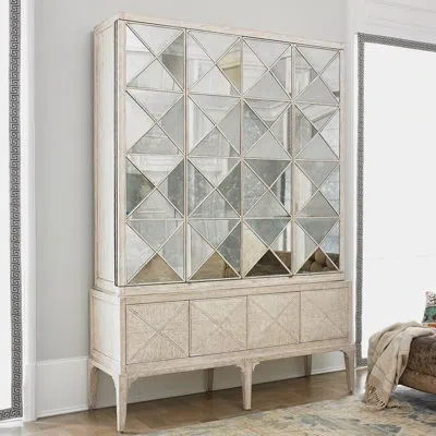 Ambella Escher 6 Door Mirrored Accent Cabinet In Antique White