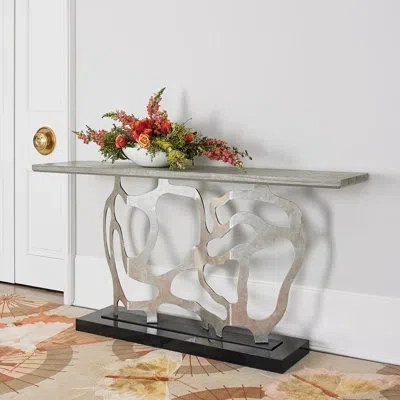 Ambella Sculpted 74" Console Table In Gray,silver Metal Leaf,black