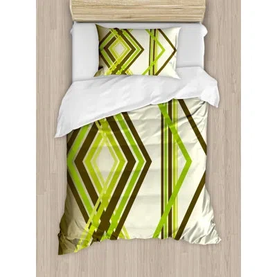 Ambesonne Abstract Geometric Trippy Diamond Shape Bands In Different Shade Illustration Duvet Cover Set In Green,brown