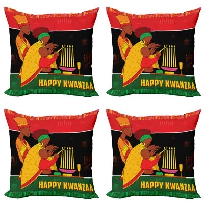 Ambesonne African American Family Throw Pillow Cushion Case Pack Of 4, Happy Kwanzaa Calligraphic Illustration