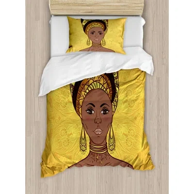 Ambesonne African Tribal Woman Portrait In Turban Ornate Mandala Inspired Round Motif Duvet Cover Set In Yellow,brown,cocoa