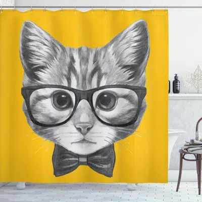 Ambesonne Animal Sketchy Hand Drawn Design Baby Hipster Cat Cute Kitten With Glasses Image Single Shower Curta