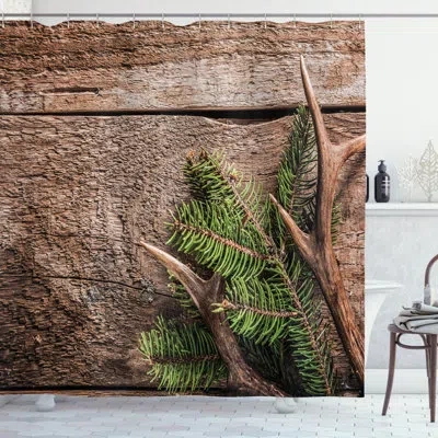 Ambesonne Antlers Shower Curtain Set + Hooks In Fern Green Umber