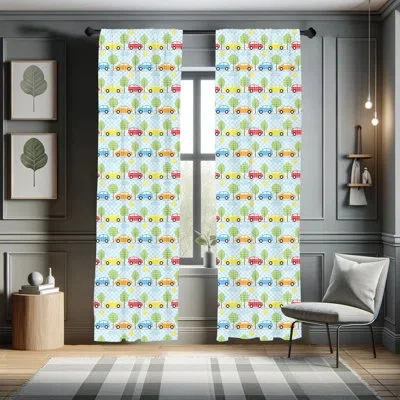 Ambesonne Baby Curtains, Checkered Background With Cars Trees Sun Open Sky Abstract Geometric Cartoon Design S