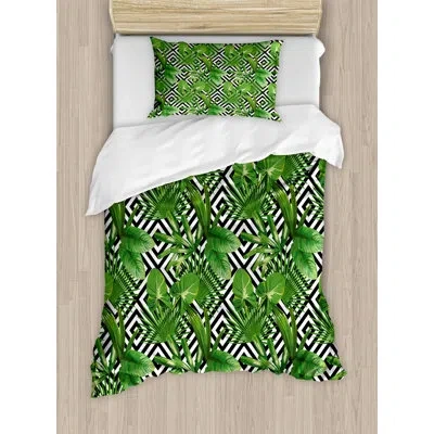 Ambesonne Banana Leaf Coconut Palm Tree On Modern Abstract Backdrop Rainforest Design Duvet Cover Set In Green And Black