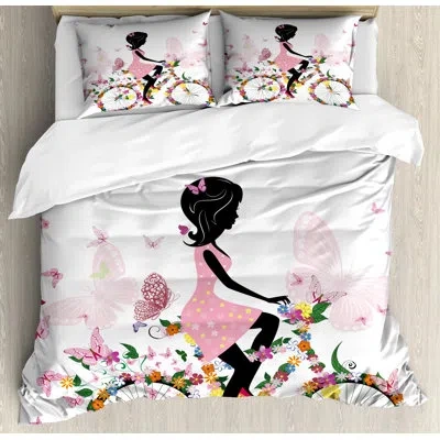 Ambesonne Bicycle Duvet Cover Set, Girl Flower Butterflies, Multicolor