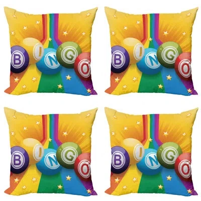 Ambesonne Bingo Decorative Throw Pillow Case Pack Of 4, Colorful Bingo Balls On Rainbow Over Yellow Bursting B