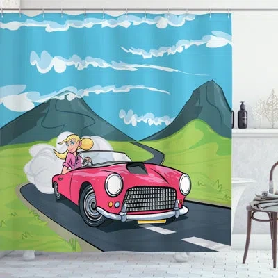 Ambesonne Cars Shower Curtain Blonde Girl Drives On Road Multicolor