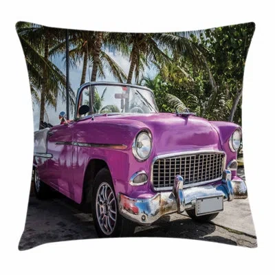Ambesonne Cars Throw Pillow Cushion Cover, Classic Colored Cabriolet Car Parked On The Beach In Cuba Seaside E