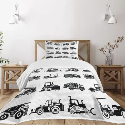 Ambesonne Cartoon Bedspread Set Heavy Machinery Mining White Black