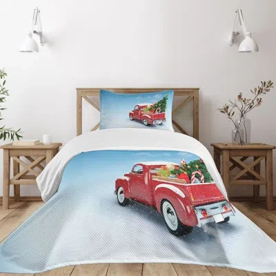 Ambesonne Christmas Bedspread Set Red Truck Xmas Tree Blue Red