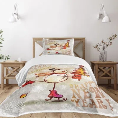 Ambesonne Christmas Bedspread Set Skating Happy Snowman Multicolor