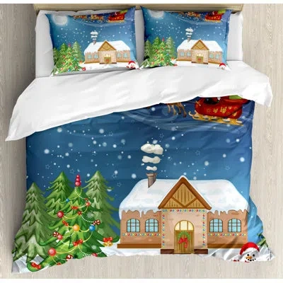 Ambesonne Christmas Classic Eve Scene Santa Delivering Gift With Rudolf The Nosed Reindeer Duvet Cover Set In Blue,green,brown