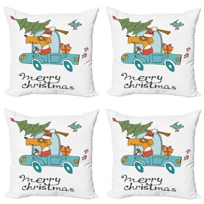 Ambesonne Christmas Decorative Throw Pillow Case Pack Of 4, Blue Vintage Car Dog Driving Santa Costume Bird Tr