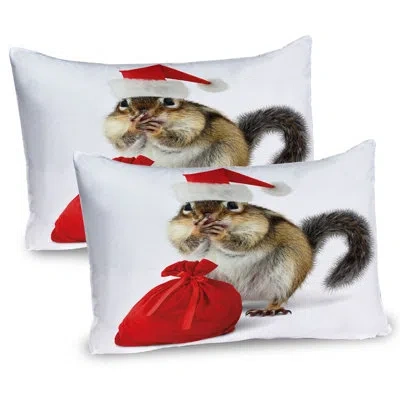 Ambesonne Christmas Pillow Sham 2 Pack Chipmunk In Santa Hat Pale Yellow White Red