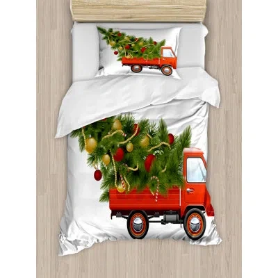 Ambesonne Christmas Retro Farm Truck And Big Christmas Tree Duvet Cover Set In Green,red