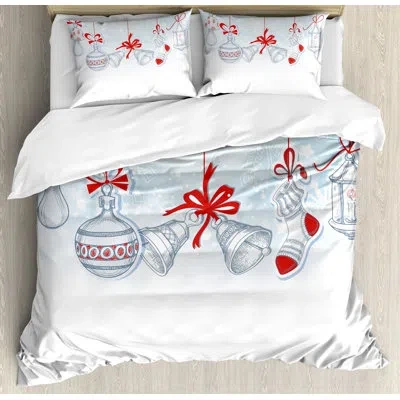 Ambesonne Christmas Retro Style Famous Socks For Toy And Candy Bells And Snowflake Graphic Duvet Cover Set In Red,white